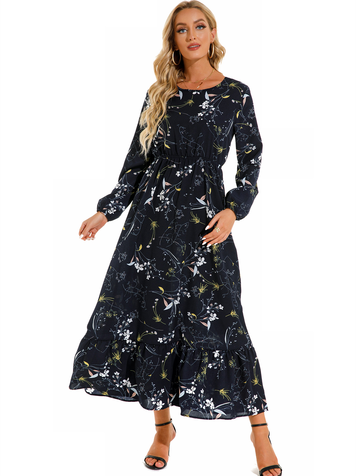 European and American floral long, round-neck, long-sleeved, waist-cinching and slimming dress pic 33