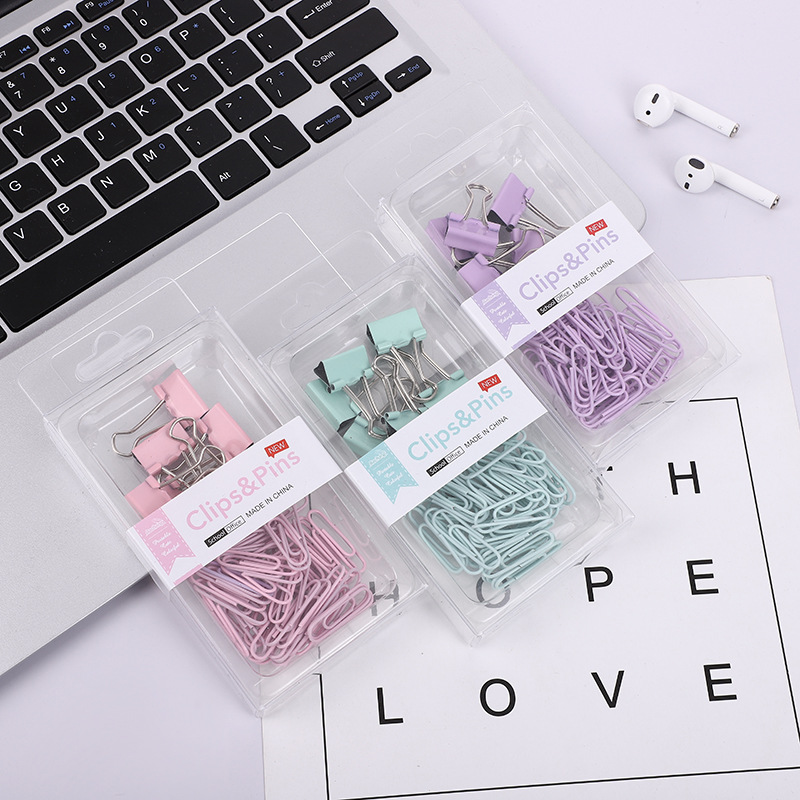 Cross-border 2-in-1 office combo set, macaron-colored large and small paper clip, ticket holder, thumbtack, swallowtail clip, box set pic 7