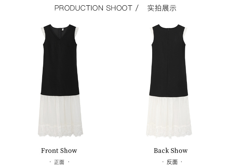 爱西里2024夏季法式温柔蕾丝拼接小黑裙欧根纱撞色连衣裙女11210详情6