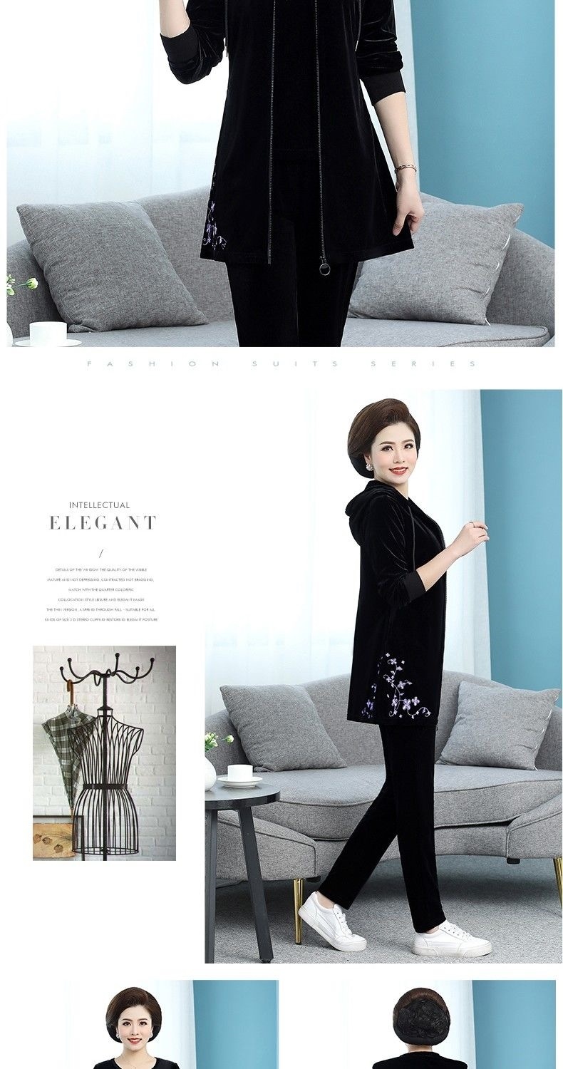 Middle-aged casual set for women in autumn, stylish, long velvet coat for middle-aged and elderly people, and a three-piece set for moms pic 12