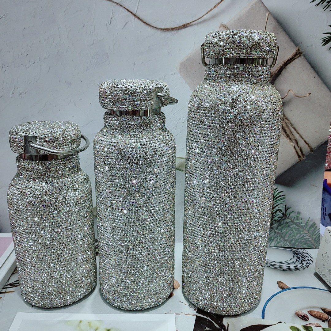 New diamond-encrusted stainless steel water bottle from Europe and America, American-style double-layer vacuum large-diameter insulated cup, outdoor sports, cross-border pic 1