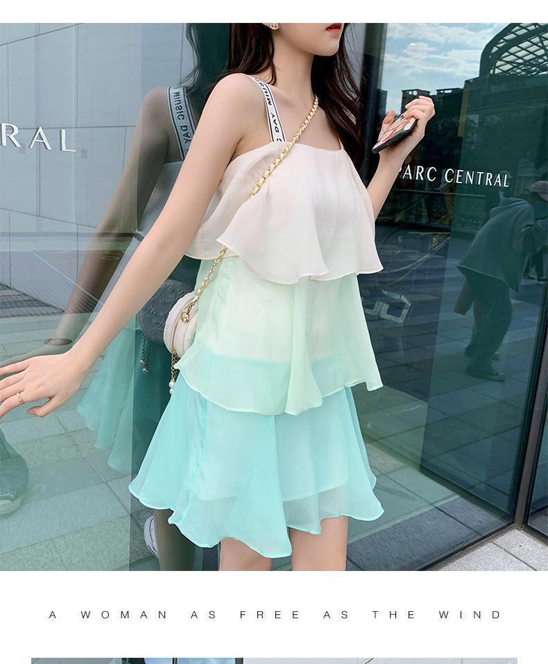 夏季新款时尚气质百搭韩版女装吊带裙粉色雪纺连衣裙无袖渐变裙子详情12