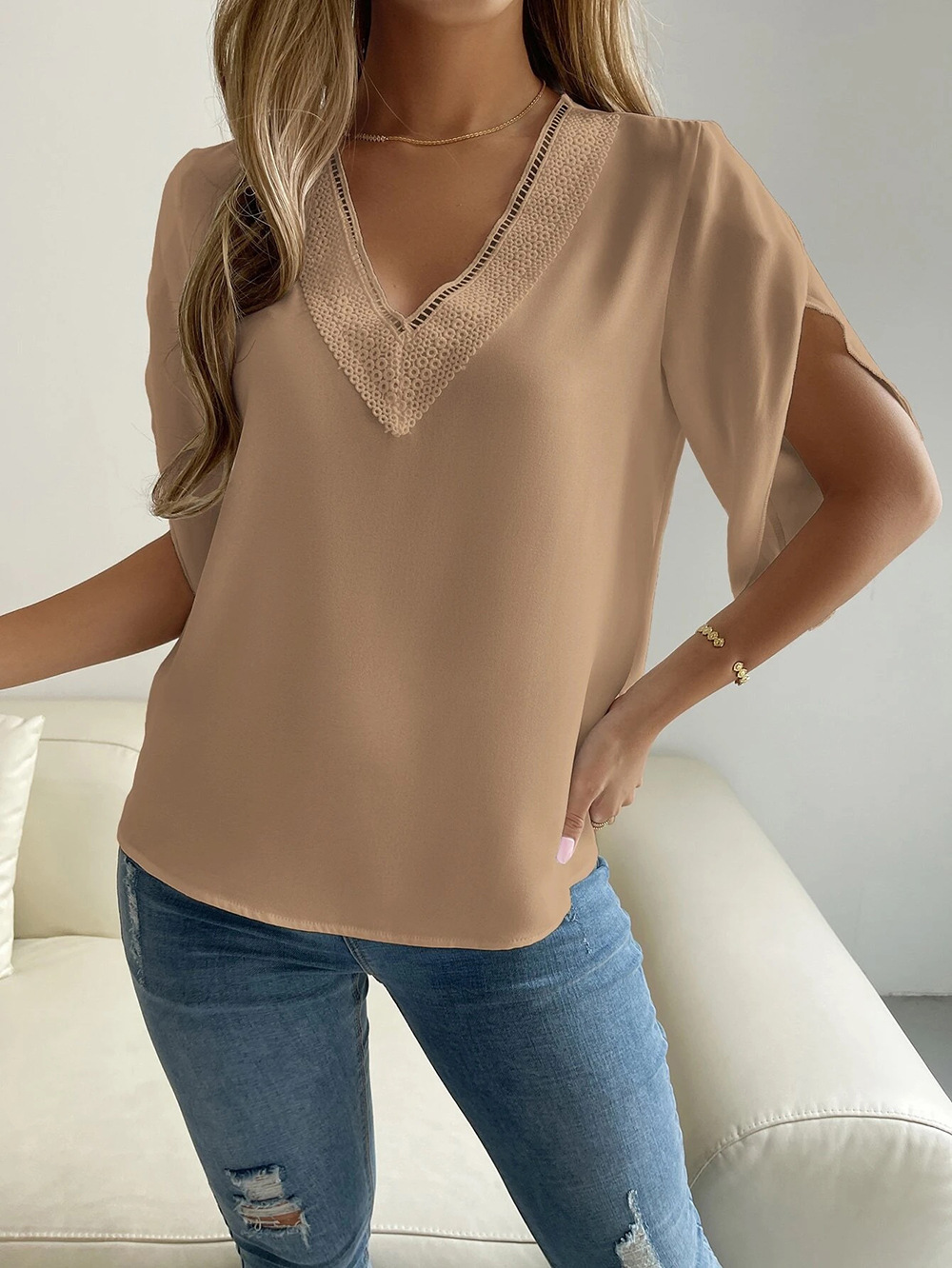 Amazon 2023 Spring/Summer New V-neck lace solid color top, elegant short-sleeved chiffon shirt for women pic 22