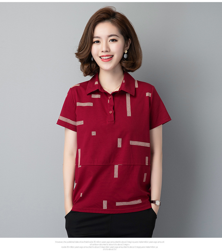 Mamá verano manga corta camiseta mujer 2021 nueva moda chic media edad mujer top algodón polo cuello pic 11