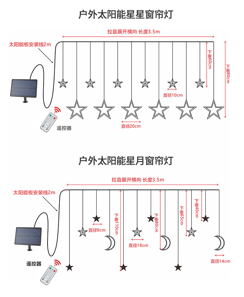跨境LED星月窗帘灯露营太阳能遥控星星灯圣诞节日房间庭院装饰灯详情3