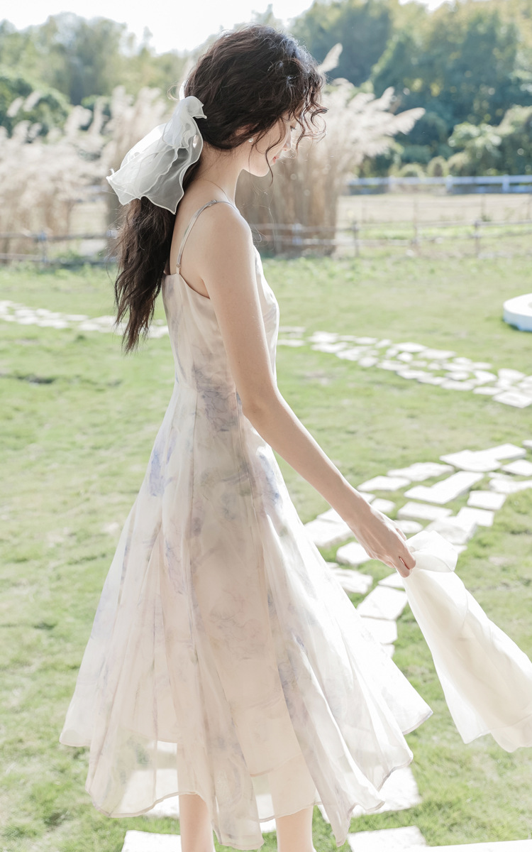 一件代发2024夏季新款水墨印花吊带连衣裙新款仙女裙修身雪纺裙详情22