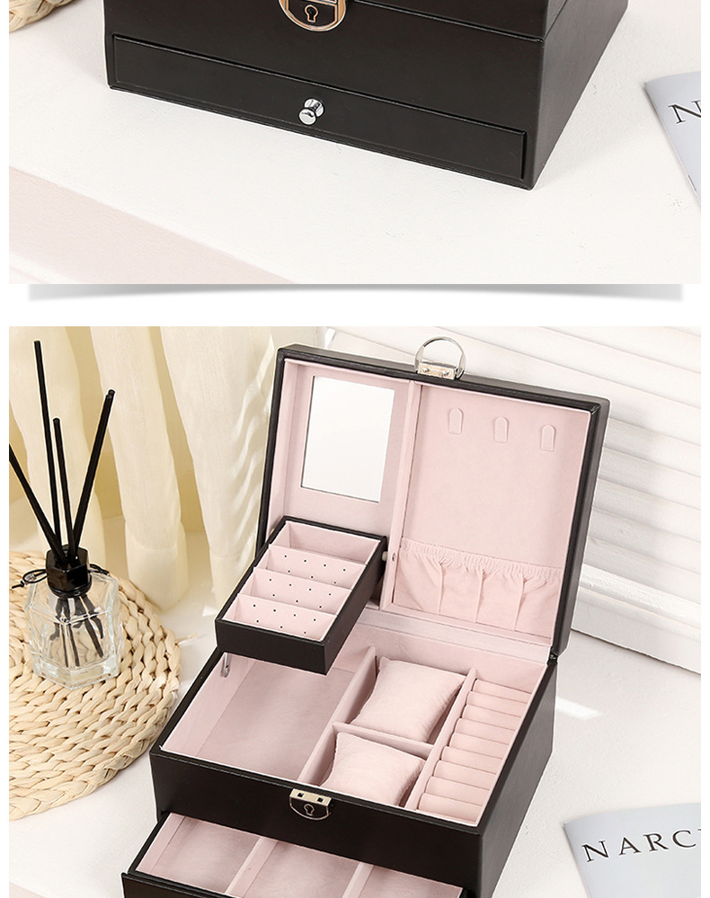 北欧爆款首饰收纳盒儿童珠宝盒亚马逊双层绒布抽屉带锁木质首饰盒详情26