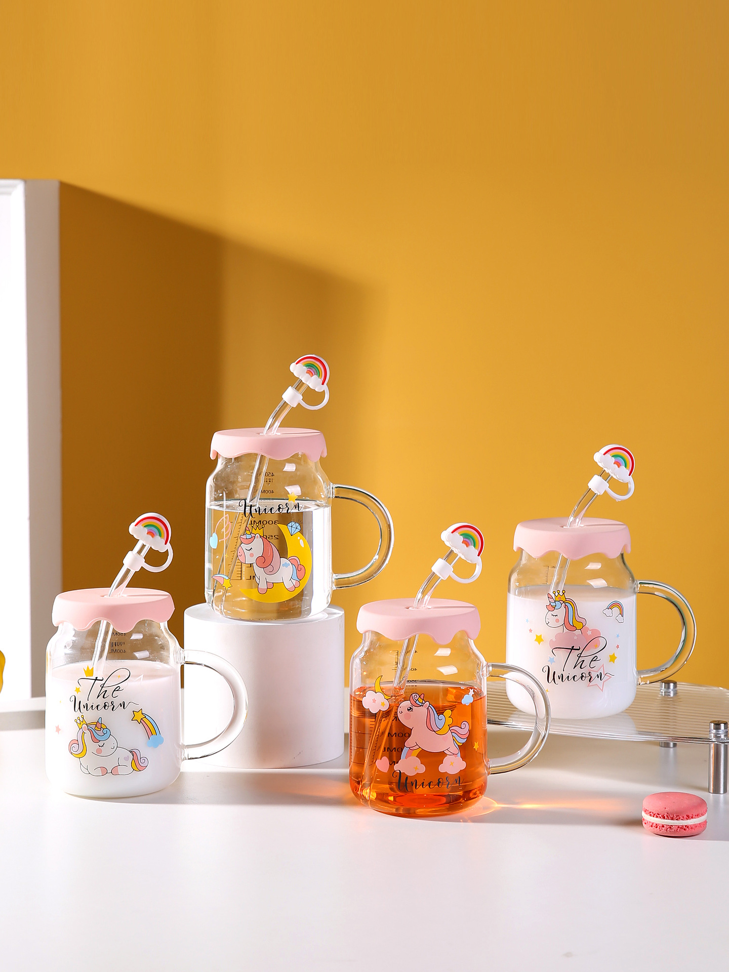 家用高颜值可爱卡通独角兽玻璃杯带盖带吸管女生办公室早餐牛奶杯详情2
