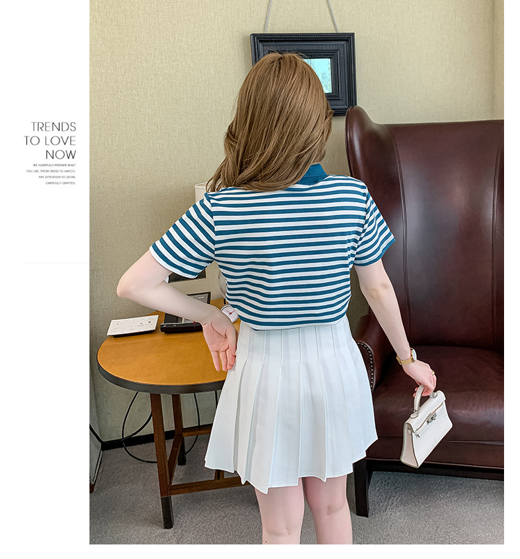 Verano coreano versión rayas mujer commuter patchwork color polo cuello manga corta camiseta mujer diseño sentido moda legging pic 21