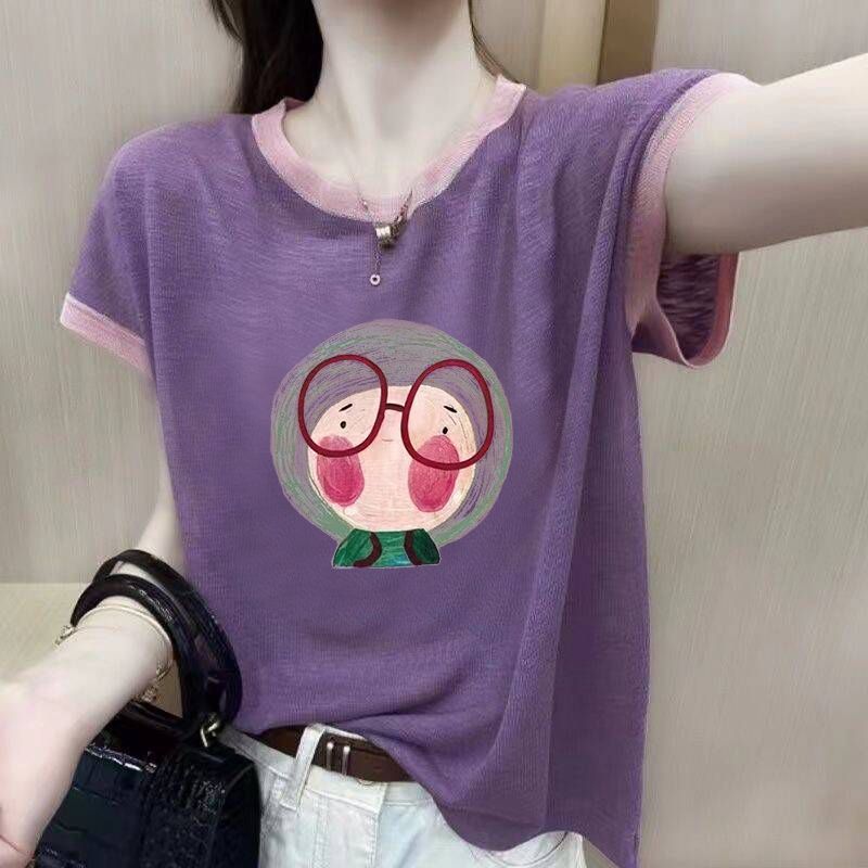 100%竹节棉短袖T恤女2024夏季新款大码宽松显瘦遮肚撞色印花上衣详情7