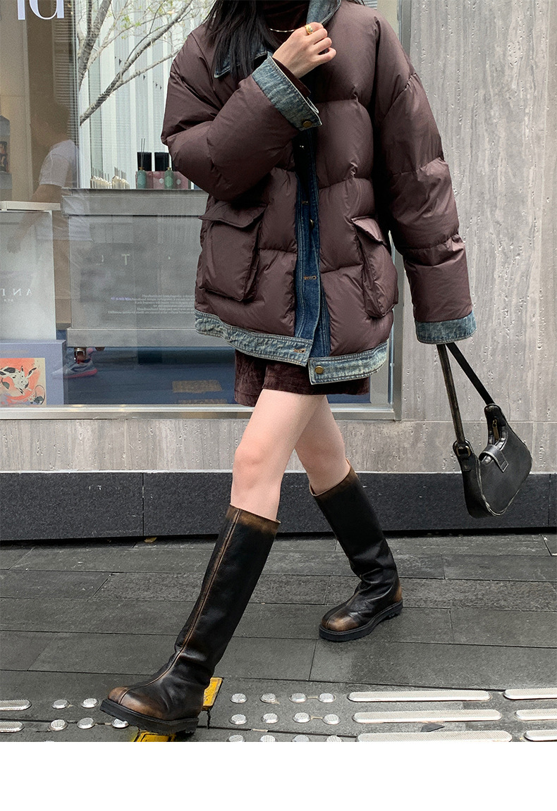 Qumeng DT CLASSIC Retro patchwork fake two-piece denim down jacket for women, 90 white duck down winter coat for women pic 20