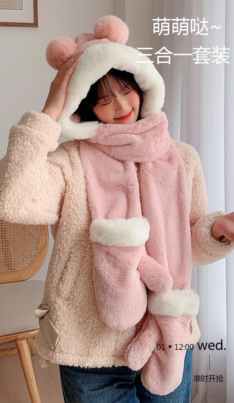 Warm hat for women, sweet and cute in autumn and winter. Winter cartoon scarf in one piece. Korean-style ear-protecting gloves in three pieces for winter pic 1