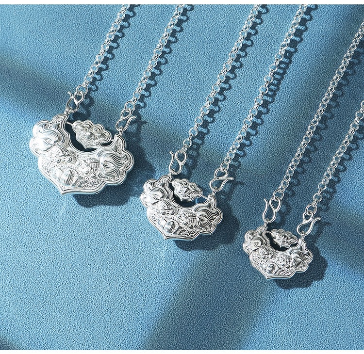 足银999锦鲤锁银莲花国风平安锁编织纯银项链双鱼如意长命锁锁骨详情17