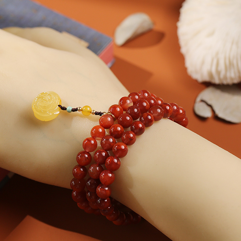 Natural three-circle flame red South red bracelet, turquoise meander beads with amber bucket beads and amber rose pendant bracelet pic 11