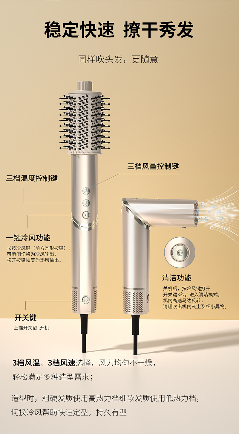 跨境专供高速吹风机五合一热风梳 直卷两用卷发棒 折叠便携吹风机详情16