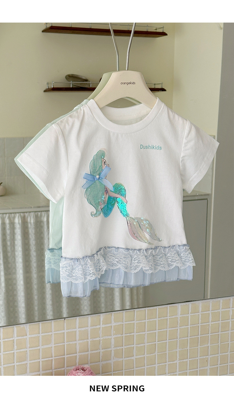 A new summer lace patchwork short-sleeved shirt for girls in 2025, a sweet and fashionable T-shirt for children pic 31