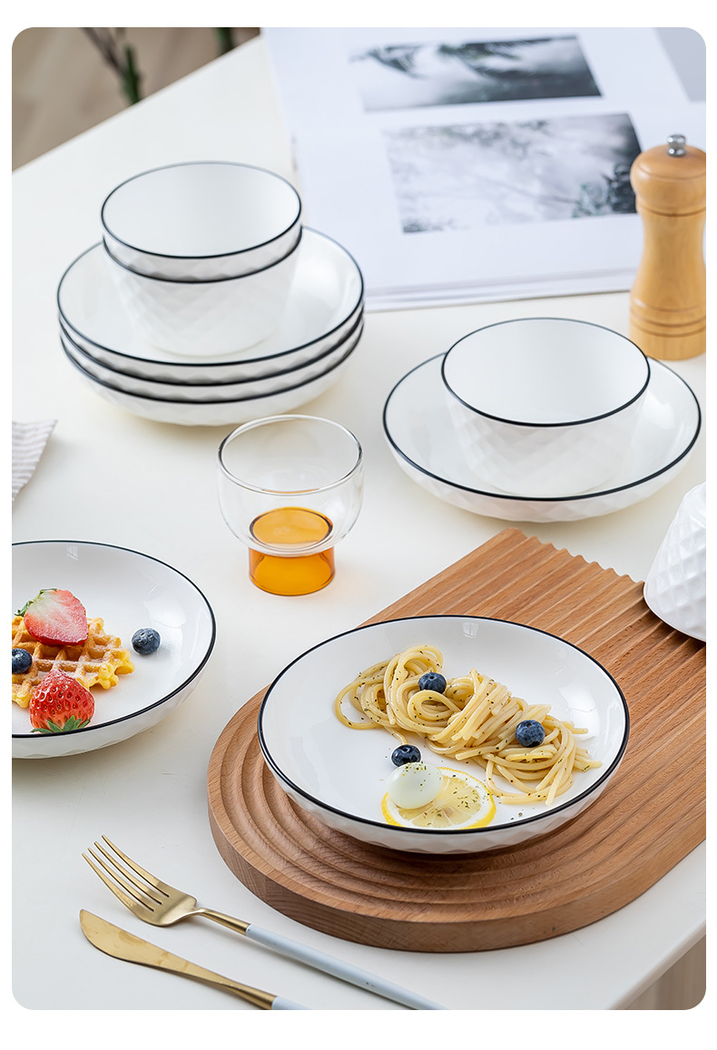 Wholesale of bowls and plates, creative ceramic rice bowls, household large soup bowls, noodle bowls and plates, set of tableware, gift, diamond pattern pic 8