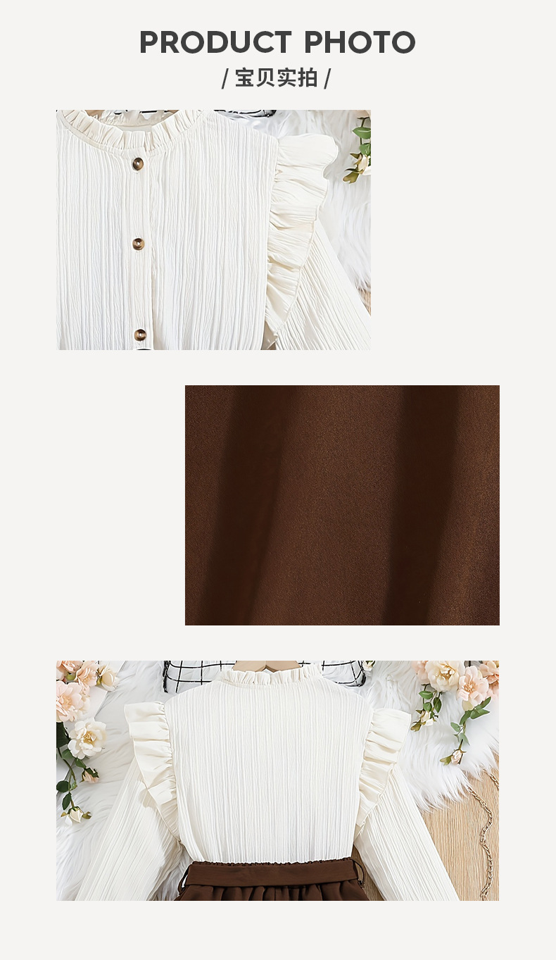 外贸秋季女童连衣裙棕色百褶裙拼接花边袖口飞袖可爱儿童长袖裙子详情7