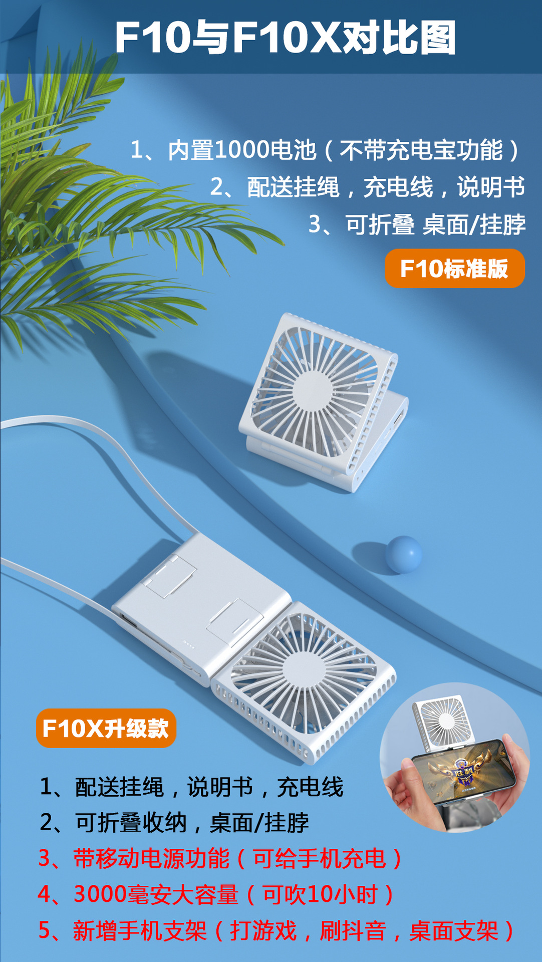 2022新款折叠风扇usb充电宝超薄户外挂脖手持夹子迷你静音小风扇详情1
