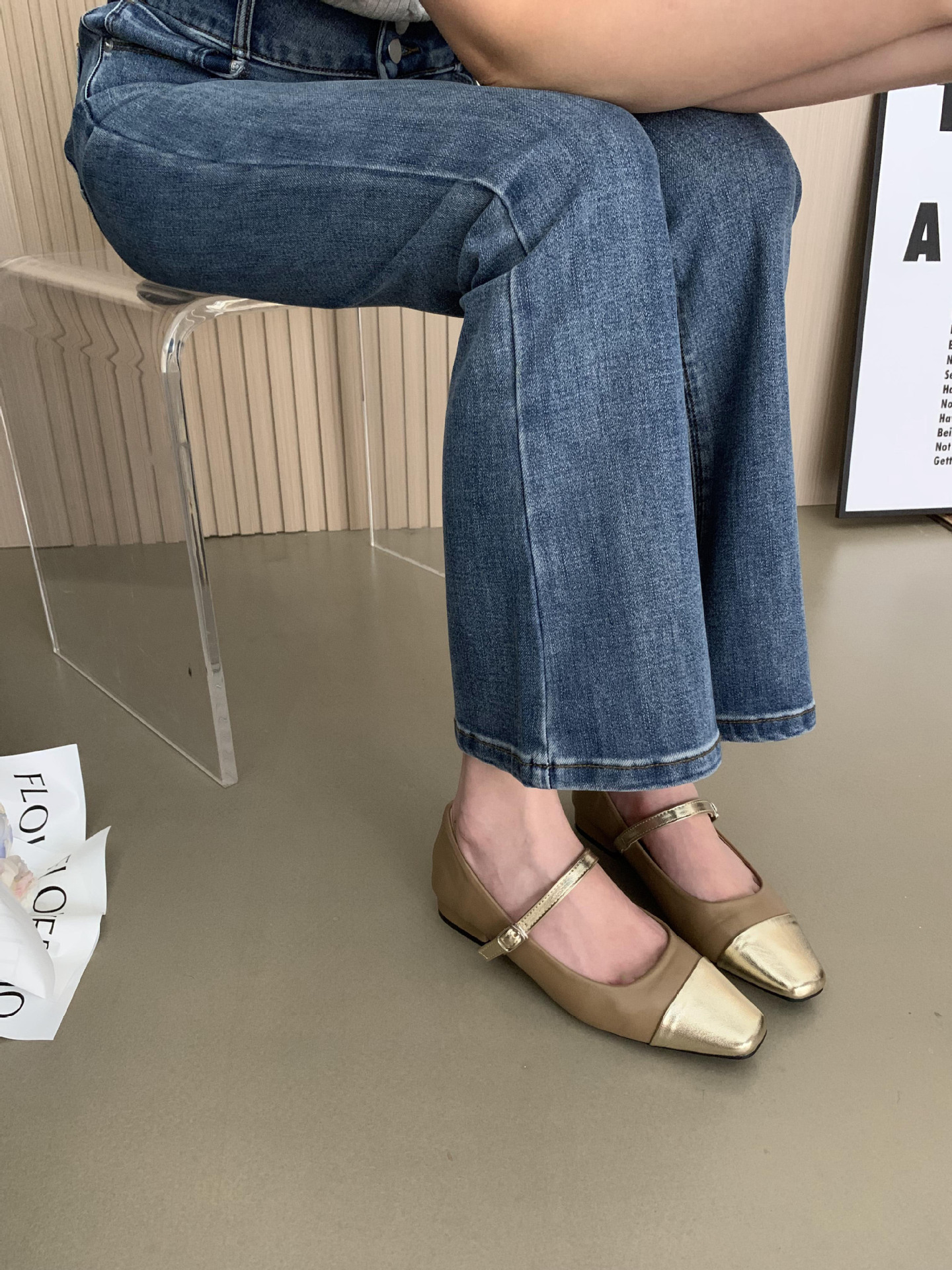 2023新款时尚方头全包百搭高跟鞋女法式拼色小香风平底玛丽珍鞋女详情8