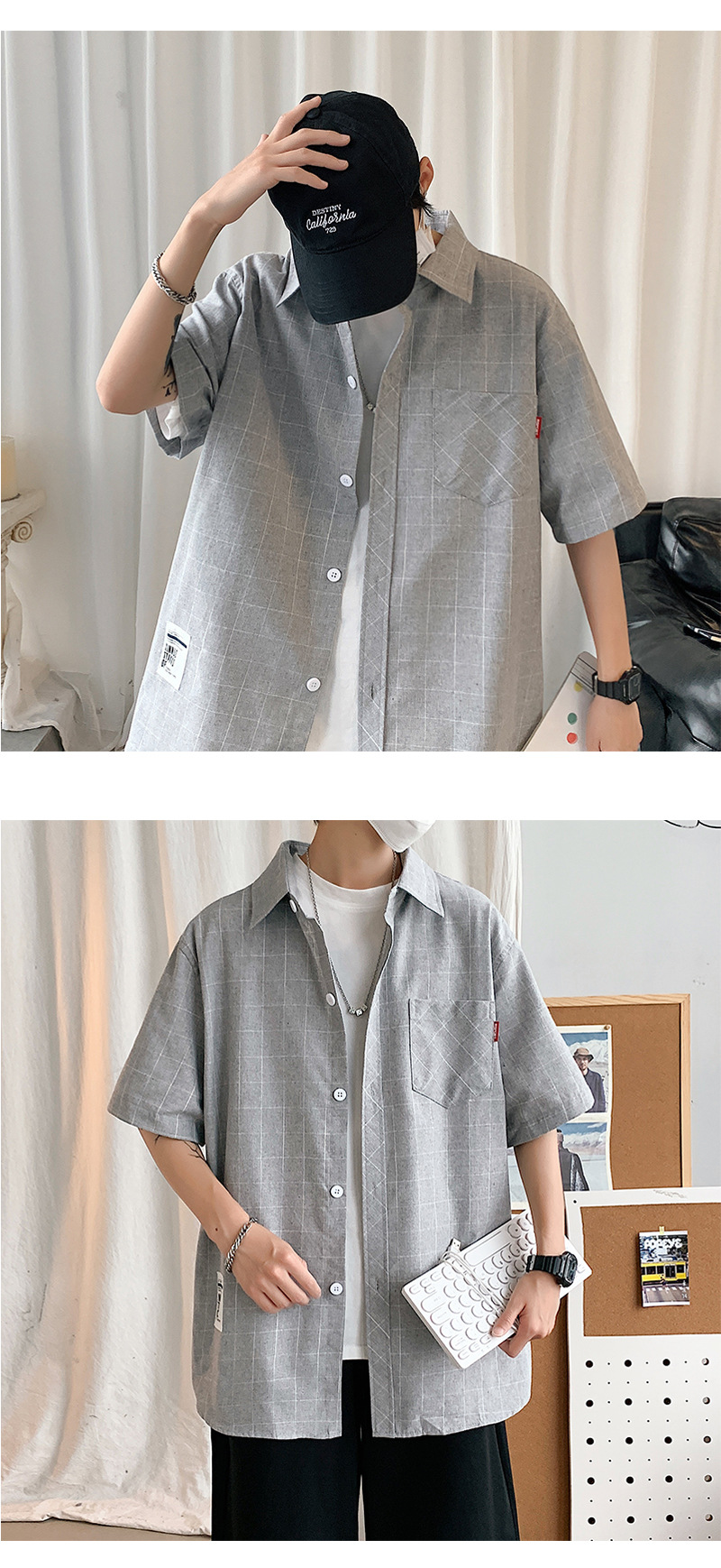 G51（港风）格子衬衫男短袖夏季男士休闲潮流帅气衬衣详情2