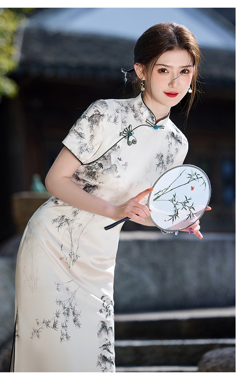 国潮国风水墨画长款醋酸双层改良2025新款年轻款少女复古修身详情12