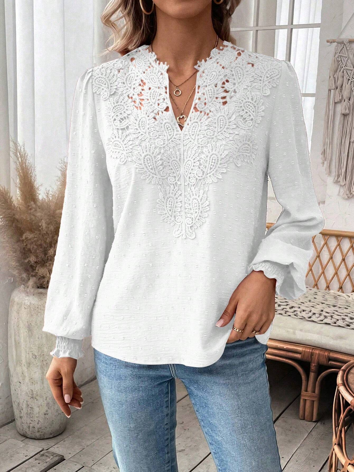 The new autumn and winter fashion V-neck lace solid color long-sleeved casual T-shirt for women on Amazon Cross-border in Europe and America in 2024 pic 18