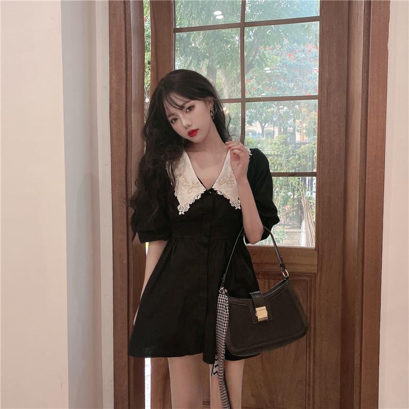 胖妹妹复古撞色娃娃领连衣裙大码小个子轻熟风优雅气质小黑裙女夏详情12