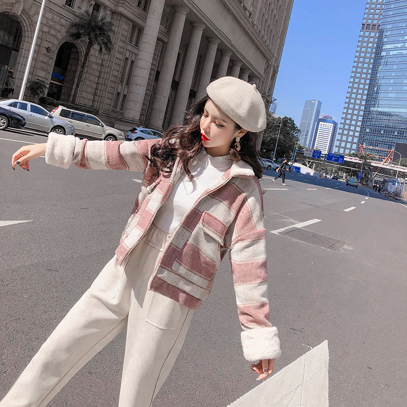 New loose checkered thickened windbreaker, short and versatile woolen coat for petite people pic 6