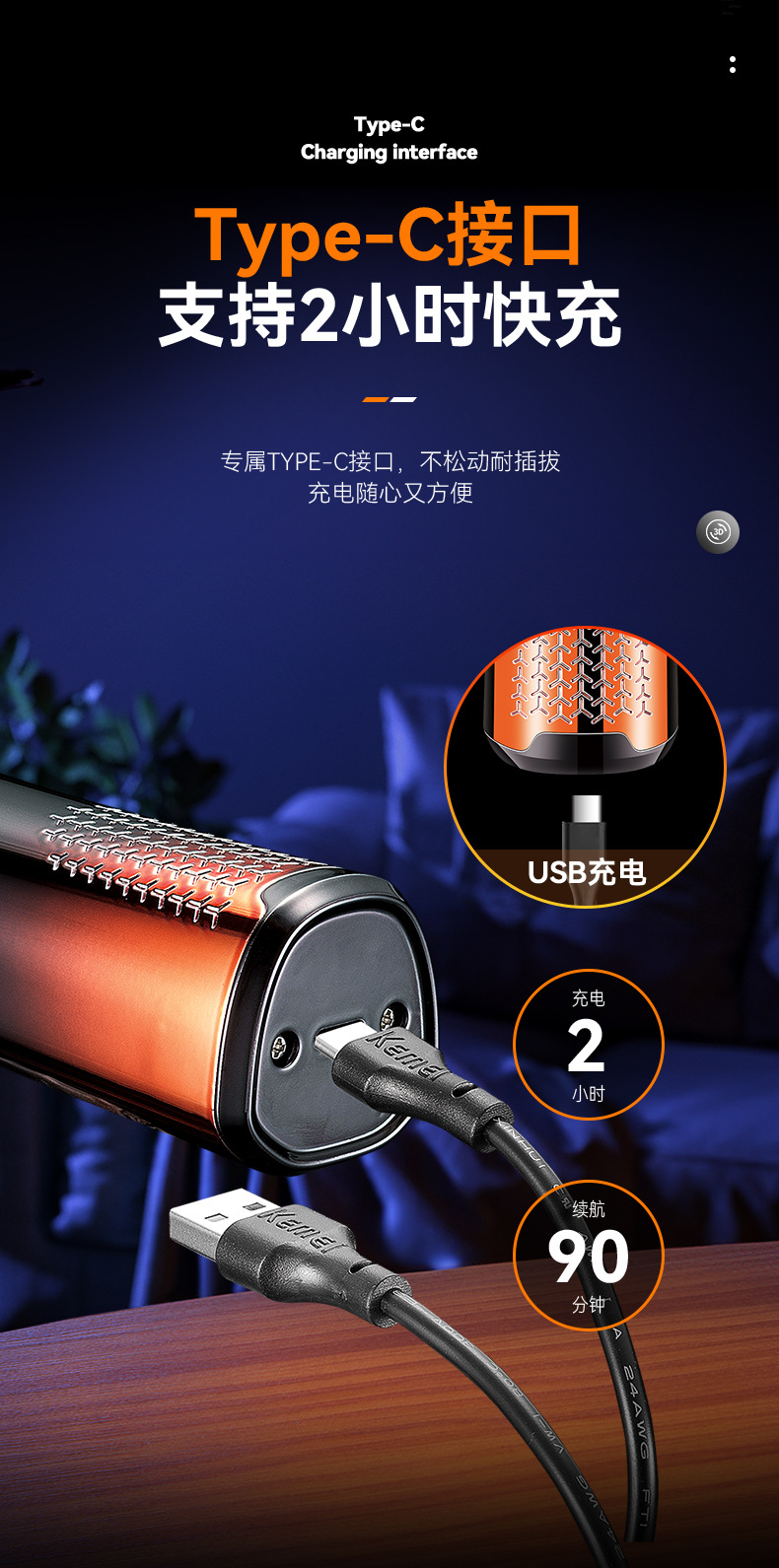 科美/KEMEI跨境液晶数显电动剃须刀新款独立浮动三刀头快充刮胡刀KM-7939详情7