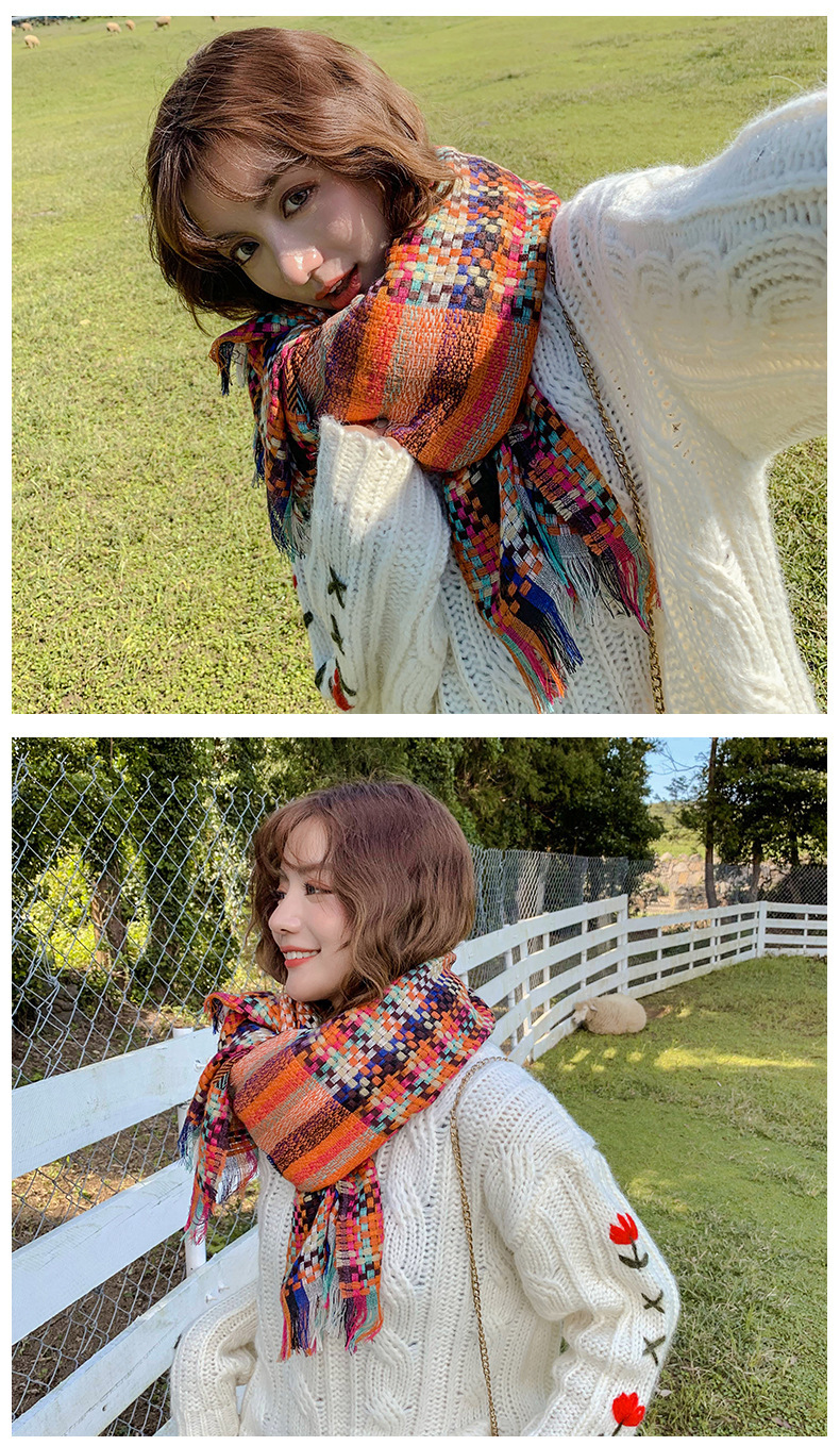 秋冬新款韩版围巾女草编彩条时尚披肩加长加厚保暖田园风围巾详情22