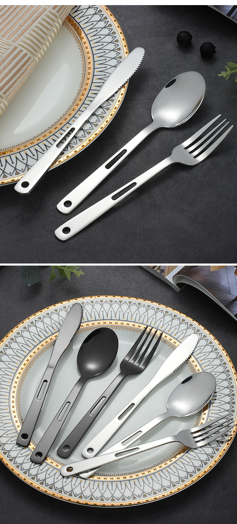 不锈钢跨境户外刀叉勺西餐具套装便携旅行野营家用三件套创意镂空详情13