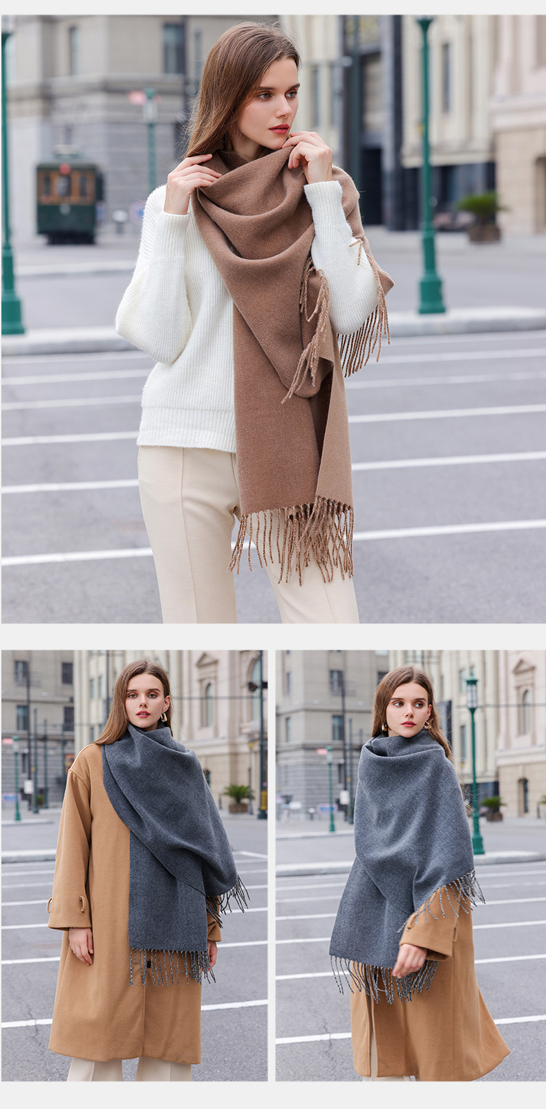 The 2023 new double-sided solid color macaron scarf for women is a bestseller in winter. It is fashionable and warm with faux cashmere tassels. Wholesale pic 12