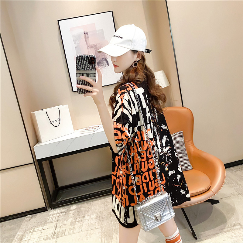 Mid-length short-sleeved T-shirt for women, 2021 new summer Instagram trendy Korean style loose large-sized student graffiti top pic 10