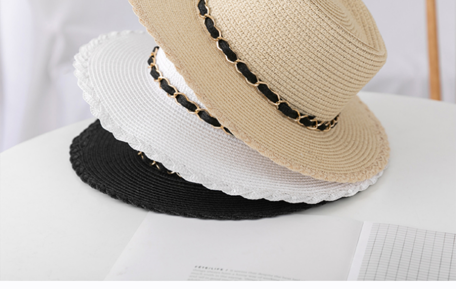 依慕栩韩版花边金属配件草帽草编帽子男女士户外旅游遮阳帽太阳帽详情2