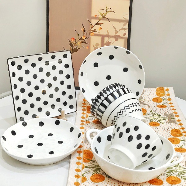 【赫本风八件套】简约波点花色陶瓷饭碗双耳个性家用餐具套装组合详情2