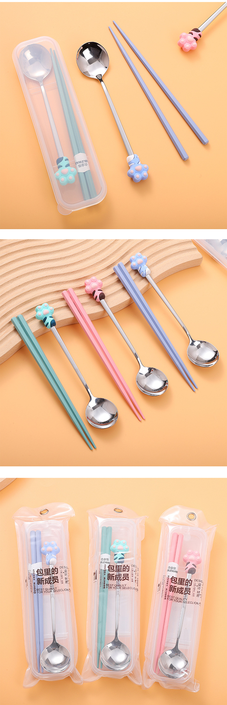 Cartoon boxing cute claw spoon and chopsticks two-piece set, adorable and girlish stainless steel spoon and alloy chopsticks tableware set pic 10