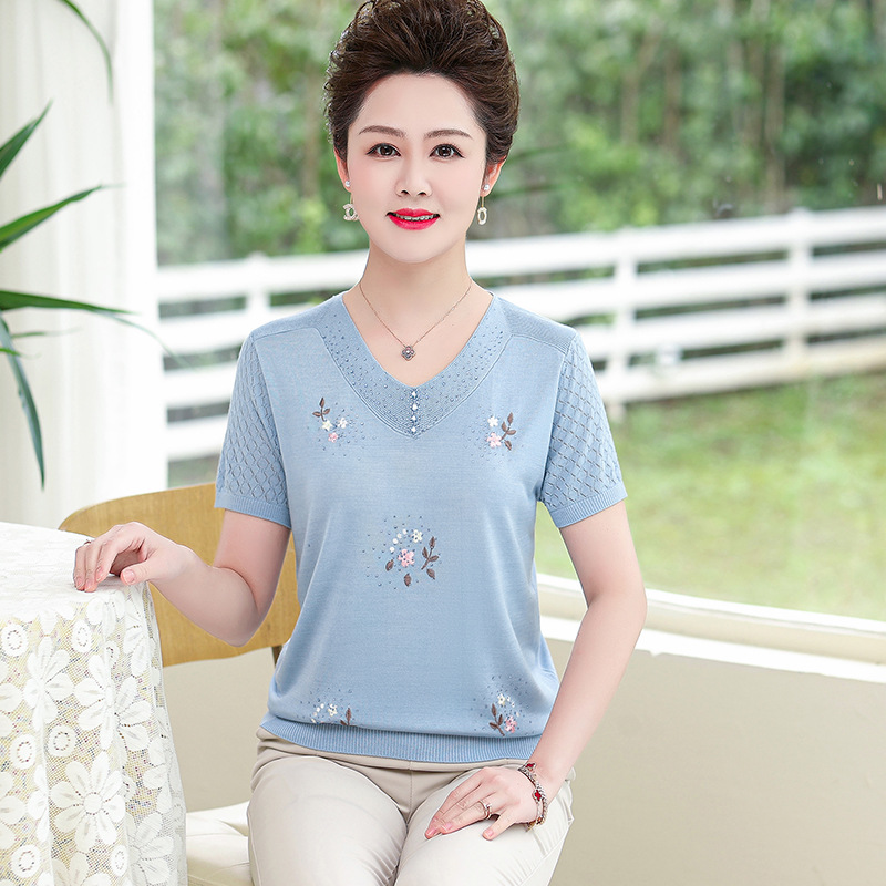 妈妈春装洋气小衫七分袖针织打底衫中年女士夏季冰丝T恤薄款上衣详情7