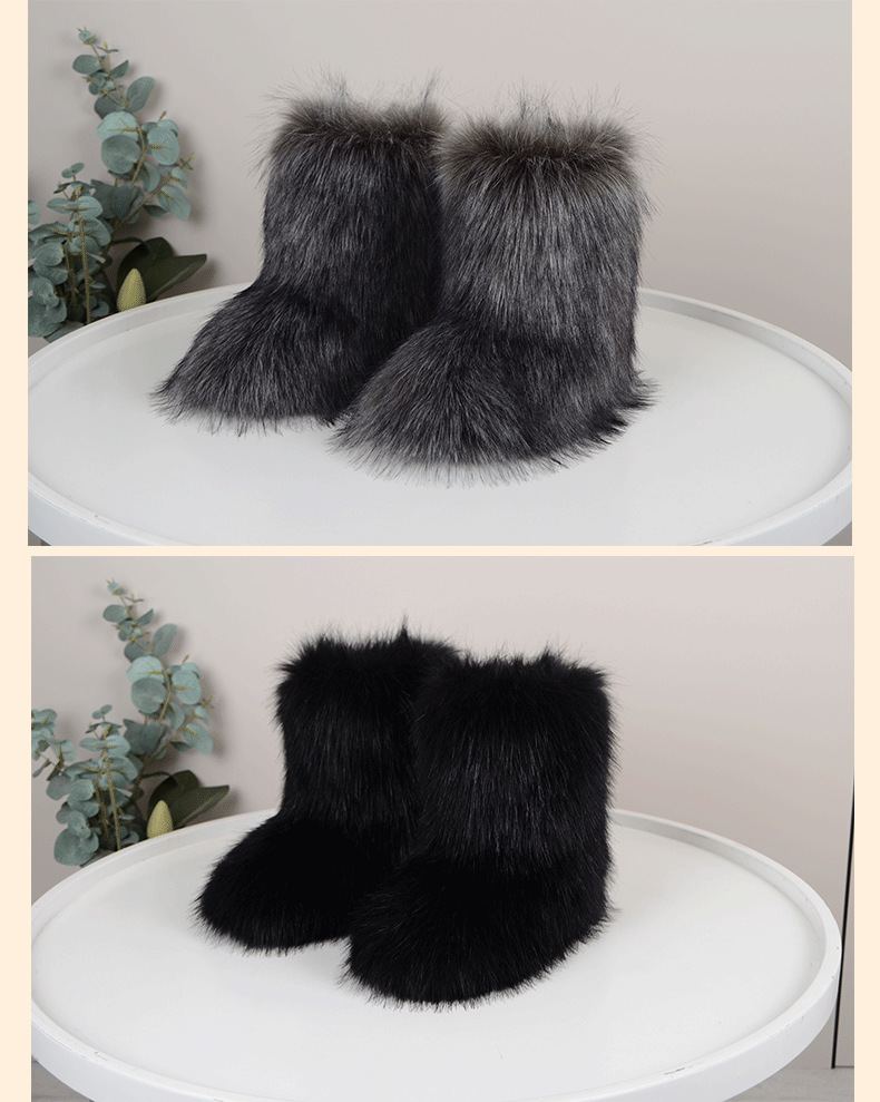 欧美平跟高帮仿貉子狐狸毛毛皮草雪地靴子冬季保暖中筒女士鞋跨境详情13