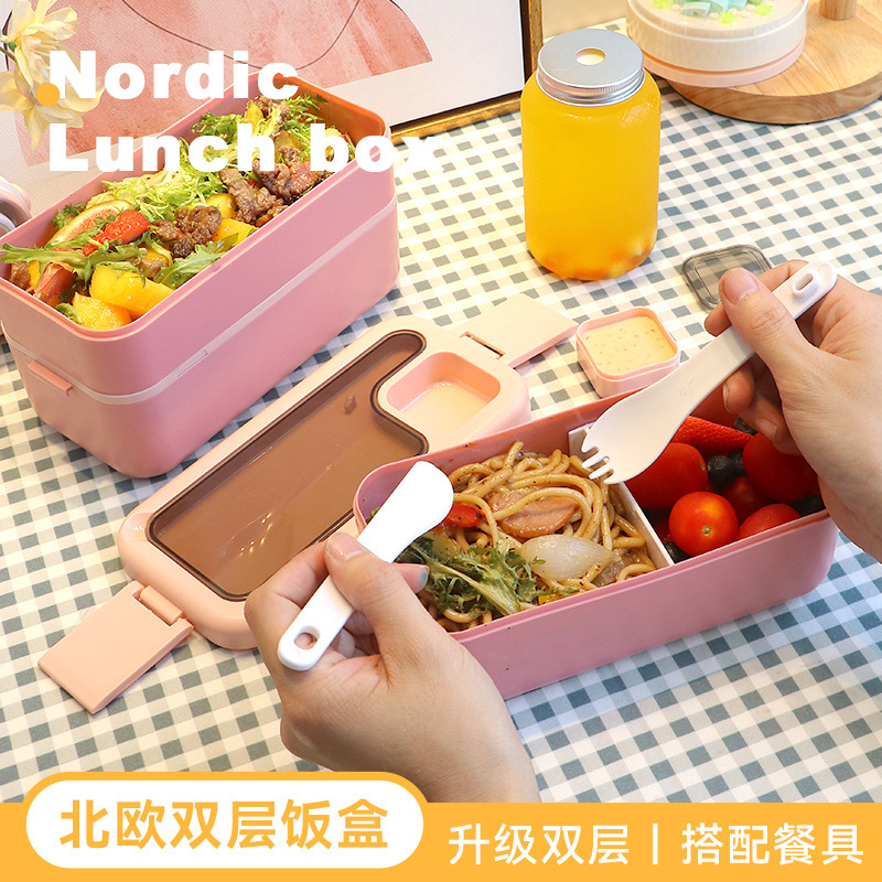轻食沙拉餐盒跨境饭盒密封创意时尚便当盒带酱料盒配餐具双层分格详情3