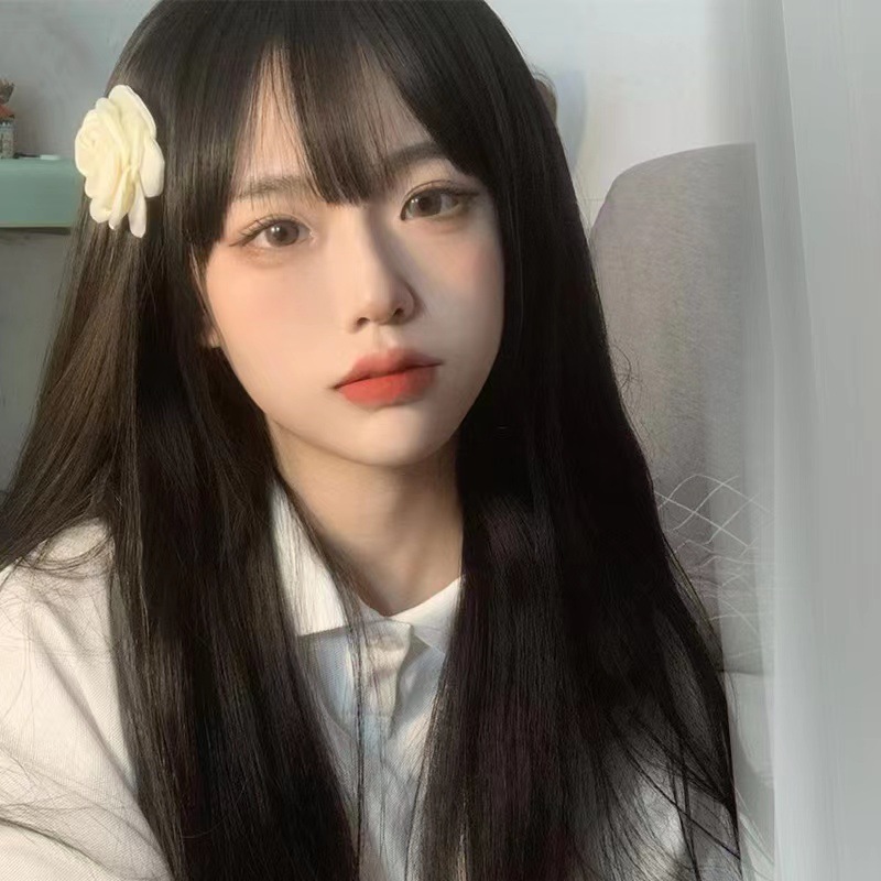 The bangs of the Internet celebrity, pure desire style, black long straight hair natural wig, female full head set, white and gold wig, long straight hair Barbie pic 9