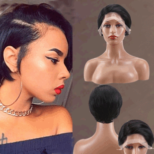 欧美人发短T型蕾丝假发真人发短头套分缝手织human hair shortwig详情1