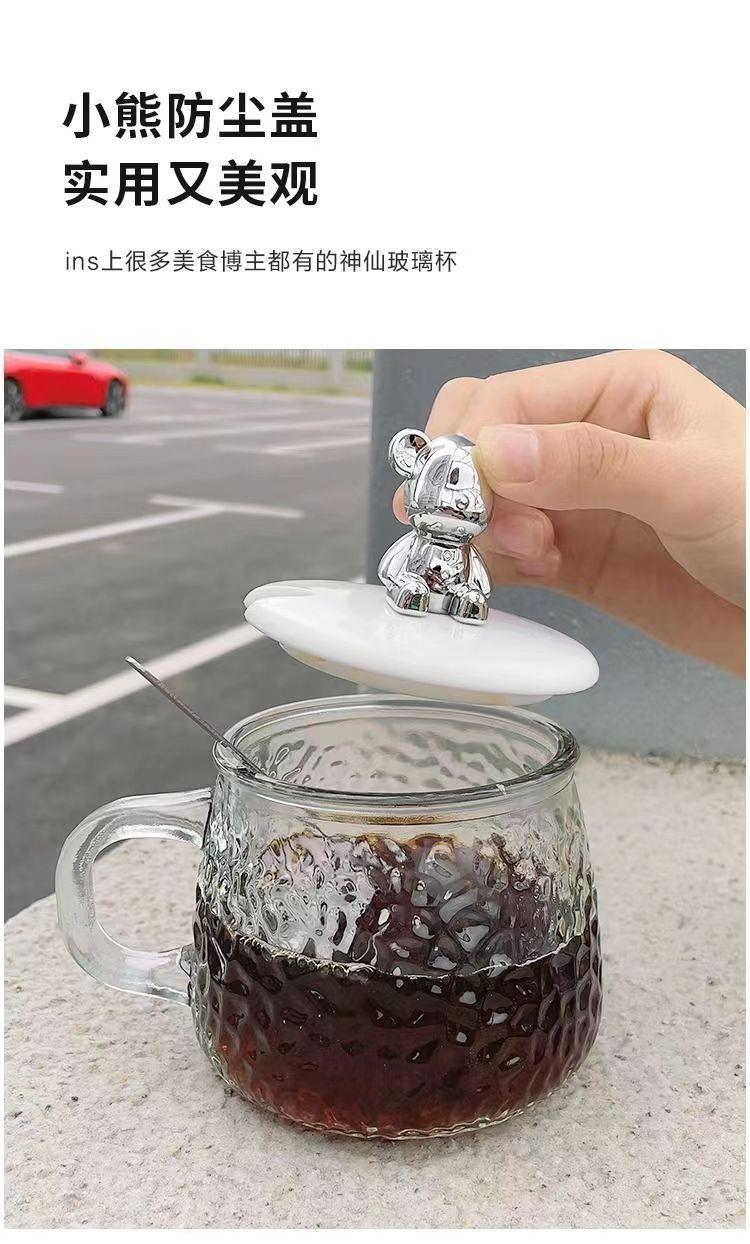 网红小熊锤纹水杯女士咖啡饮料杯高颜值家用带把手早餐玻璃杯代发详情6