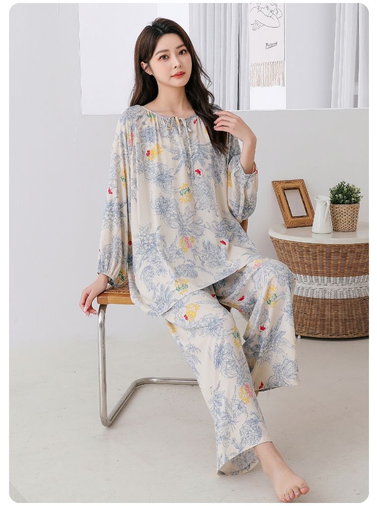 40支棉绸睡衣女士宽松国风灯笼袖高级感人棉长袖长裤家居服套装详情14