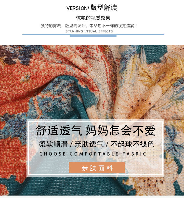 中年妈妈装印花新款冰丝短袖上衣圆领加大宽松遮肚透气夏季详情2