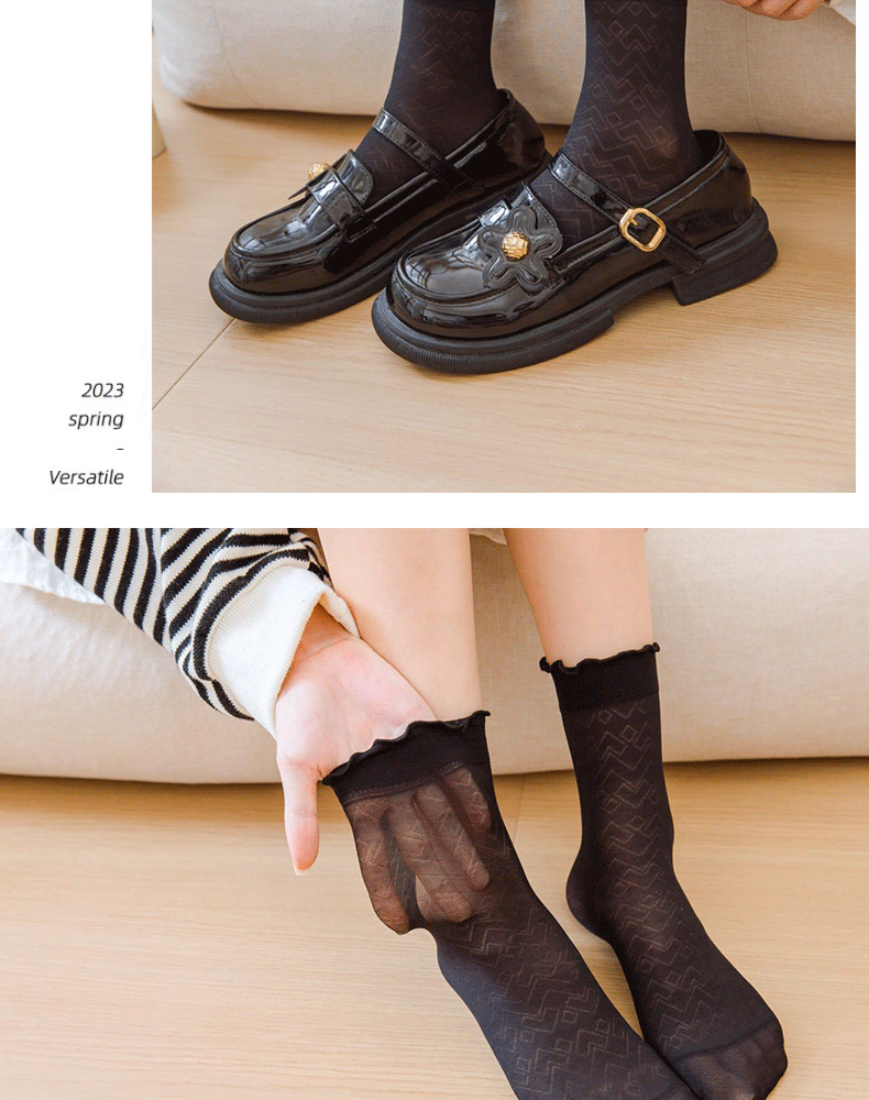 黑白卡丝袜子女中筒夏季薄款jk百搭冰丝袜夏天长筒花边网纱堆堆袜详情16