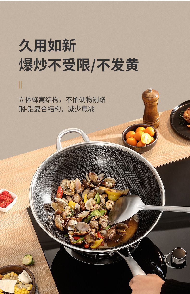 Three-layer steel, two-sided screen, steel handle, household flat-bottomed non-stick wok, stainless steel honeycomb wok, stainless steel wok, wok, ladle, frying pan, single-handle wok, kitchenware, kitchen utensils, one-piece consignment pic 7