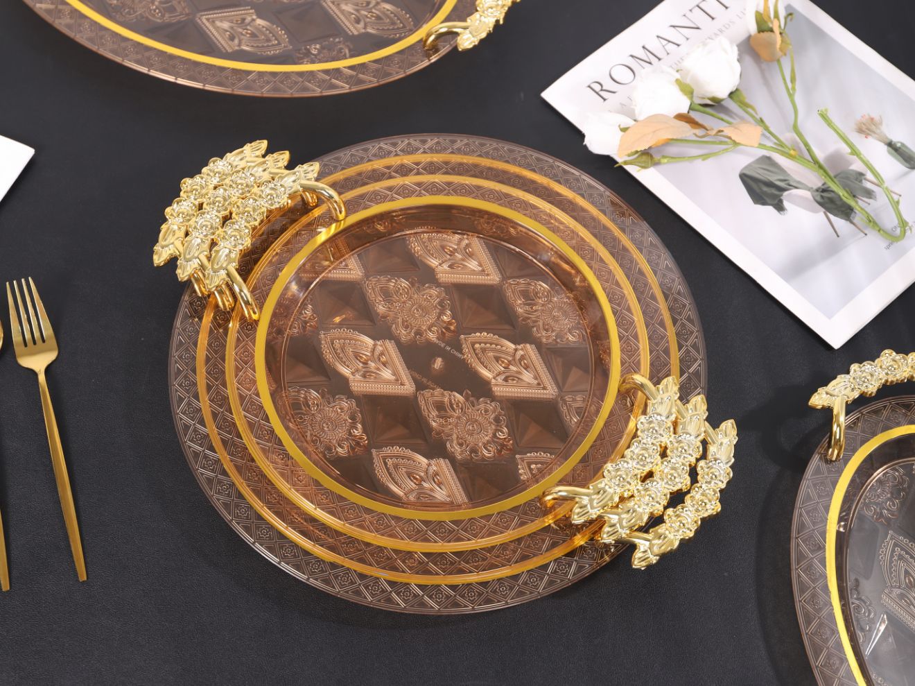 Amber transparent tray, round dining tea tray, coffee table, cups, tea cups and water cups, home living room dinner plate set pic 2