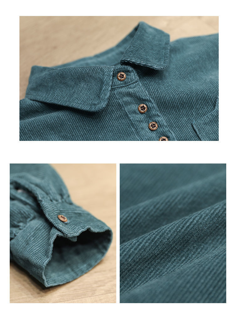 【现货】秋季衬衫文艺休闲时尚黑色长袖翻领灯芯绒女装衬衣开衫女详情2