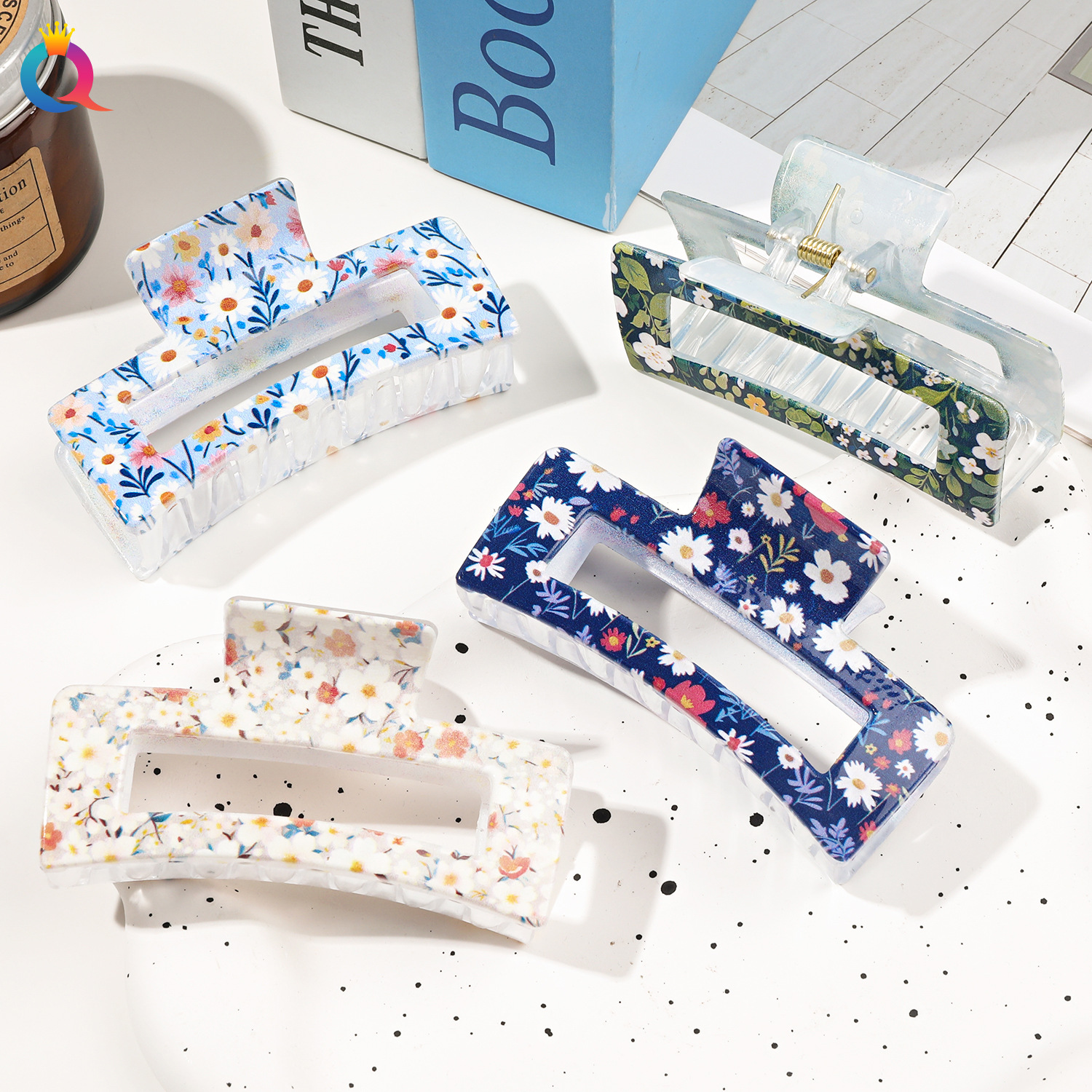 奇阅新款时尚UV印花方形抓夹女欧美创意盘发发夹小清新鲨鱼夹批发详情6